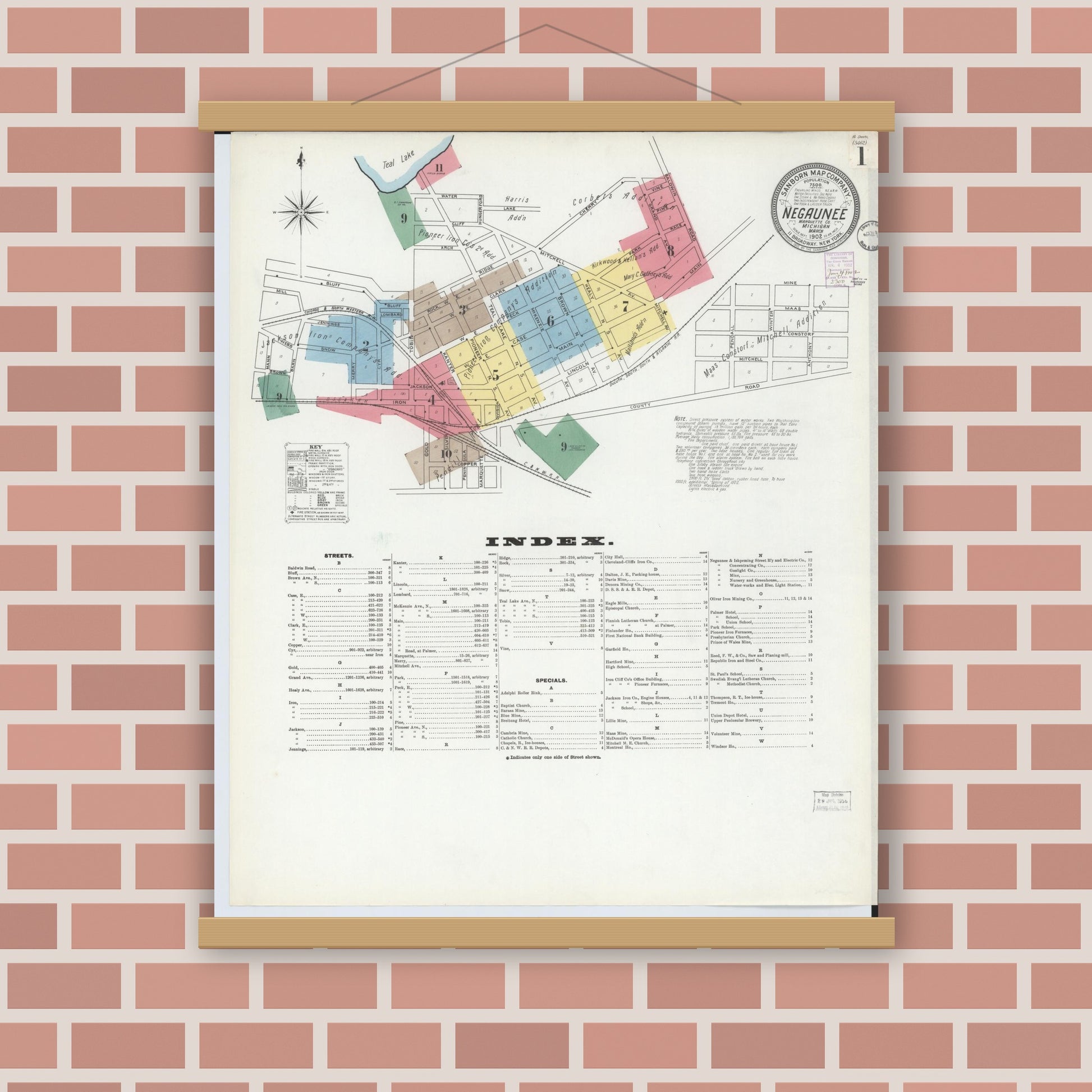 Old map wall art mockup — magnetic wood frame on brick wall — Sanborn Fire Insurance Map from Negaunee, Marquette County, Michigan (1902) - Complete Map Set