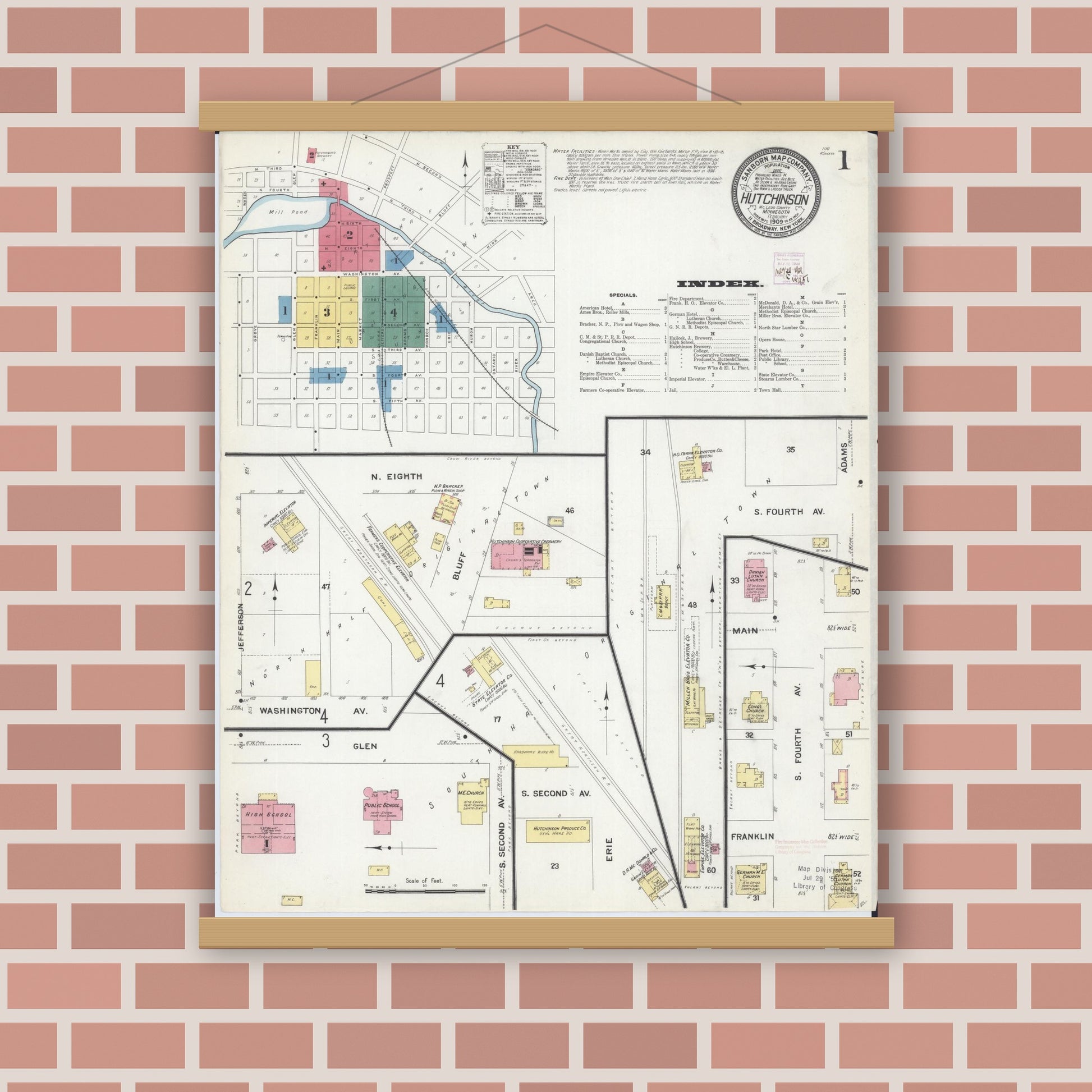 Old map wall art mockup — magnetic wood frame on brick wall — Sanborn Fire Insurance Map from Hutchinson, Mcleod County, Minnesota (1909), Sheet #0001