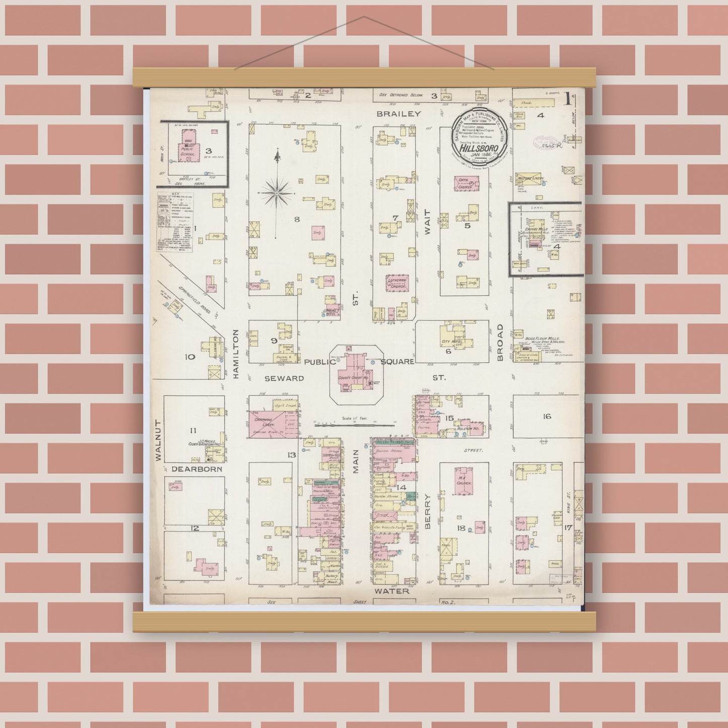 Old map wall art mockup — magnetic wood frame on brick wall — Sanborn Fire Insurance Map from Hillsboro, Montgomery County, Illinois (1886) - Complete Map Set