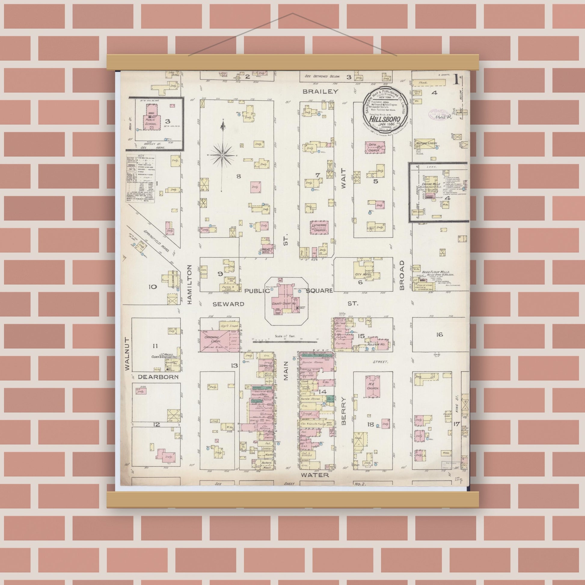 Old map wall art mockup — magnetic wood frame on brick wall — Sanborn Fire Insurance Map from Hillsboro, Montgomery County, Illinois (1886) - Complete Map Set