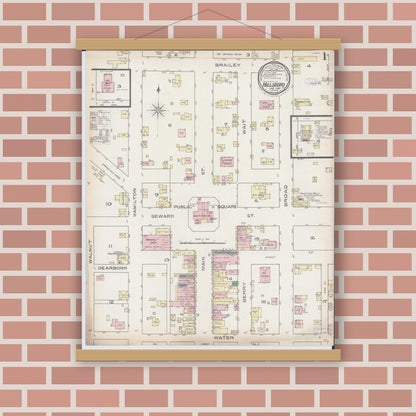 Old map wall art mockup — magnetic wood frame on brick wall — Sanborn Fire Insurance Map from Hillsboro, Montgomery County, Illinois (1886) - Complete Map Set