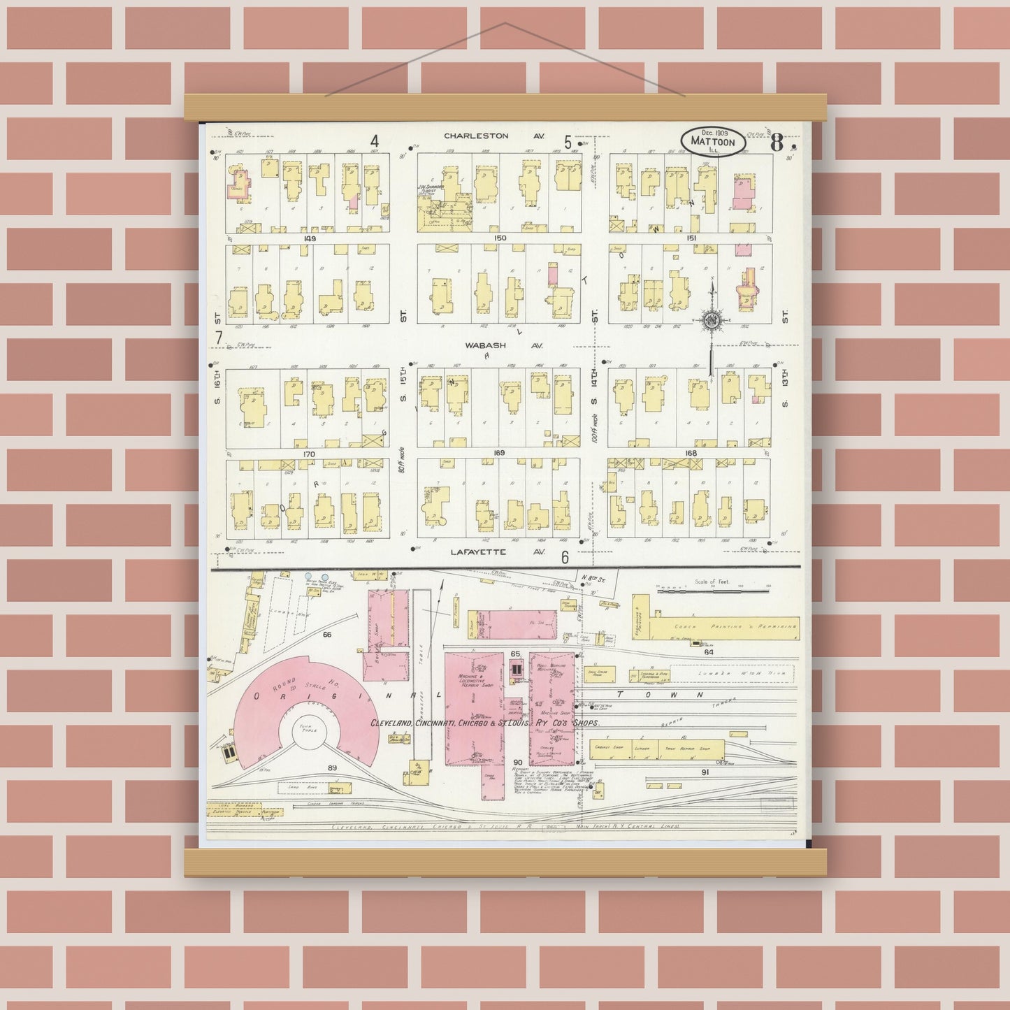 Old map wall art mockup — magnetic wood frame on brick wall — Sanborn Fire Insurance Map from Mattoon, Coles County, Illinois (1909), Sheet #0008