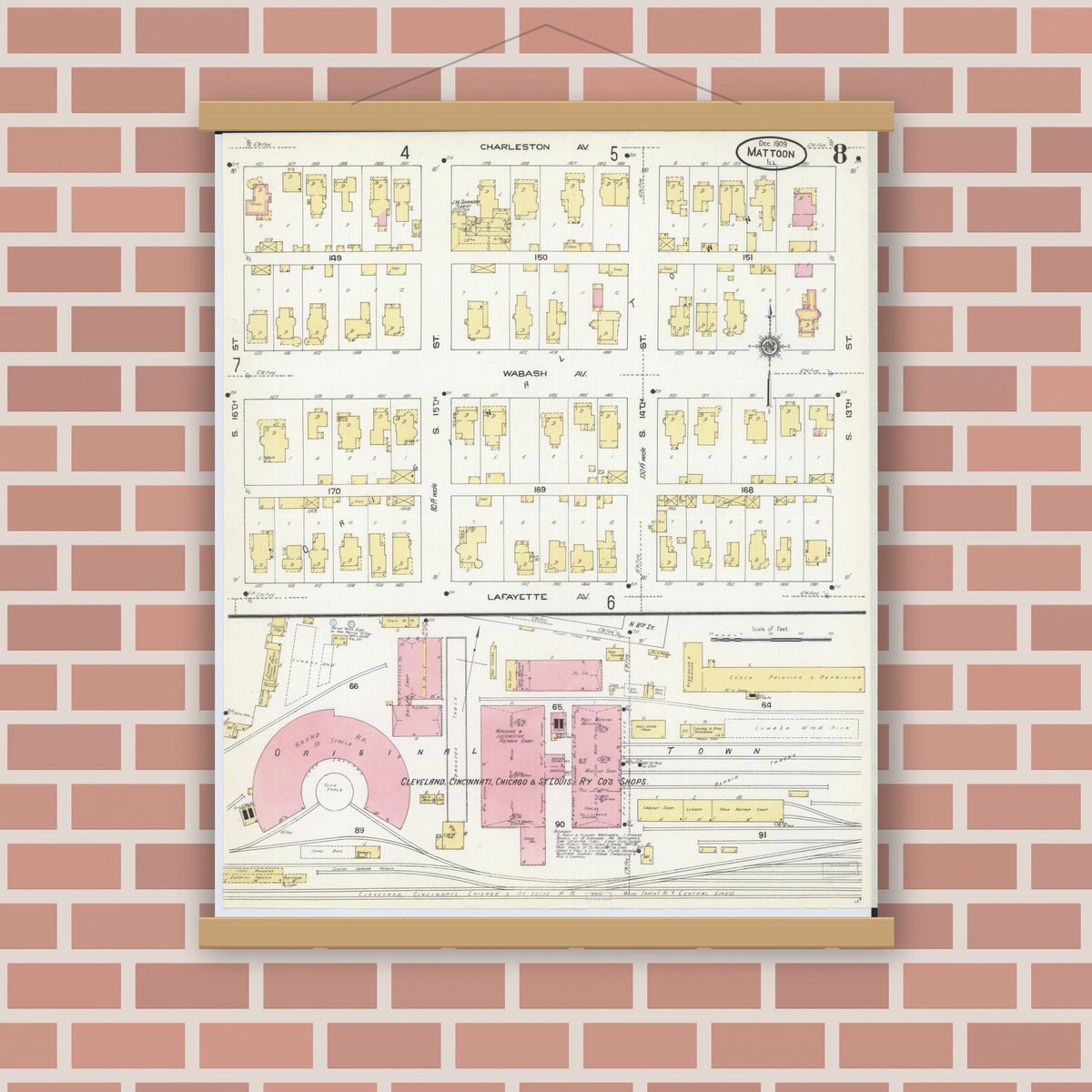 Old map wall art mockup — magnetic wood frame on brick wall — Sanborn Fire Insurance Map from Mattoon, Coles County, Illinois (1909), Sheet #0008