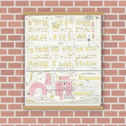 Old map wall art mockup — magnetic wood frame on brick wall — Sanborn Fire Insurance Map from Mattoon, Coles County, Illinois (1909), Sheet #0008