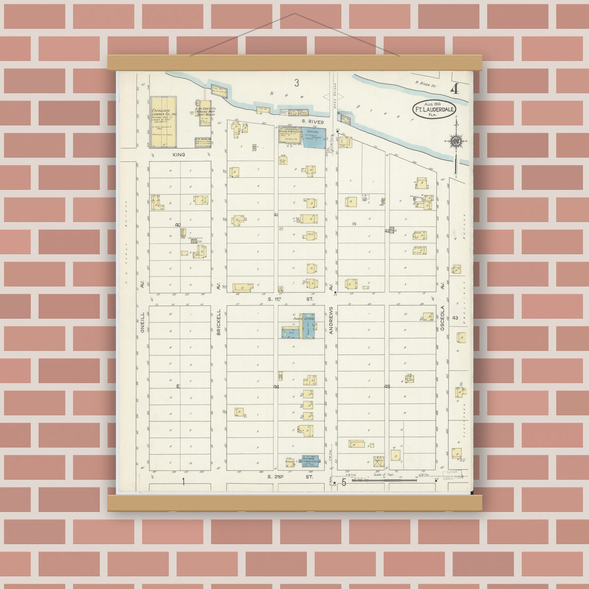 Old map wall art mockup — magnetic wood frame on brick wall — Sanborn Fire Insurance Map from Fort Lauderdale, Broward County, Florida (1914), Sheet #0004