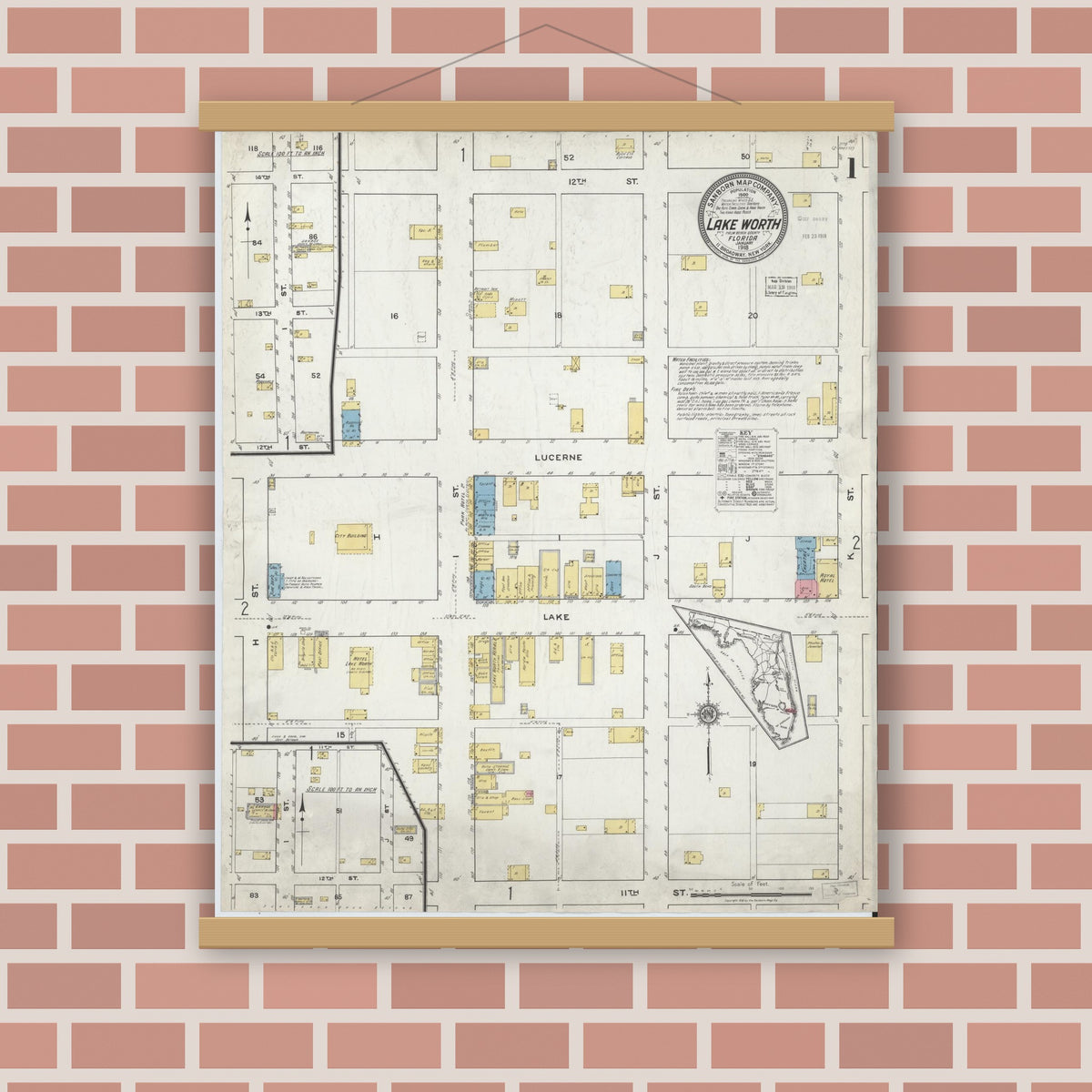 Old map wall art mockup — magnetic wood frame on brick wall — Sanborn Fire Insurance Map from Lake Worth, Palm Beach County, Florida (1918) - Complete Map Set