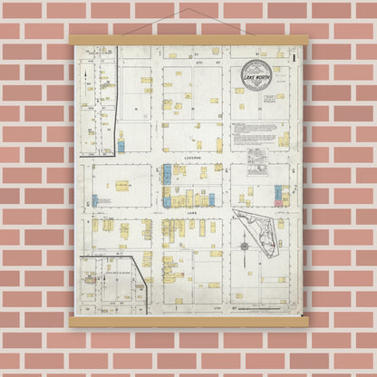Old map wall art mockup — magnetic wood frame on brick wall — Sanborn Fire Insurance Map from Lake Worth, Palm Beach County, Florida (1918) - Complete Map Set