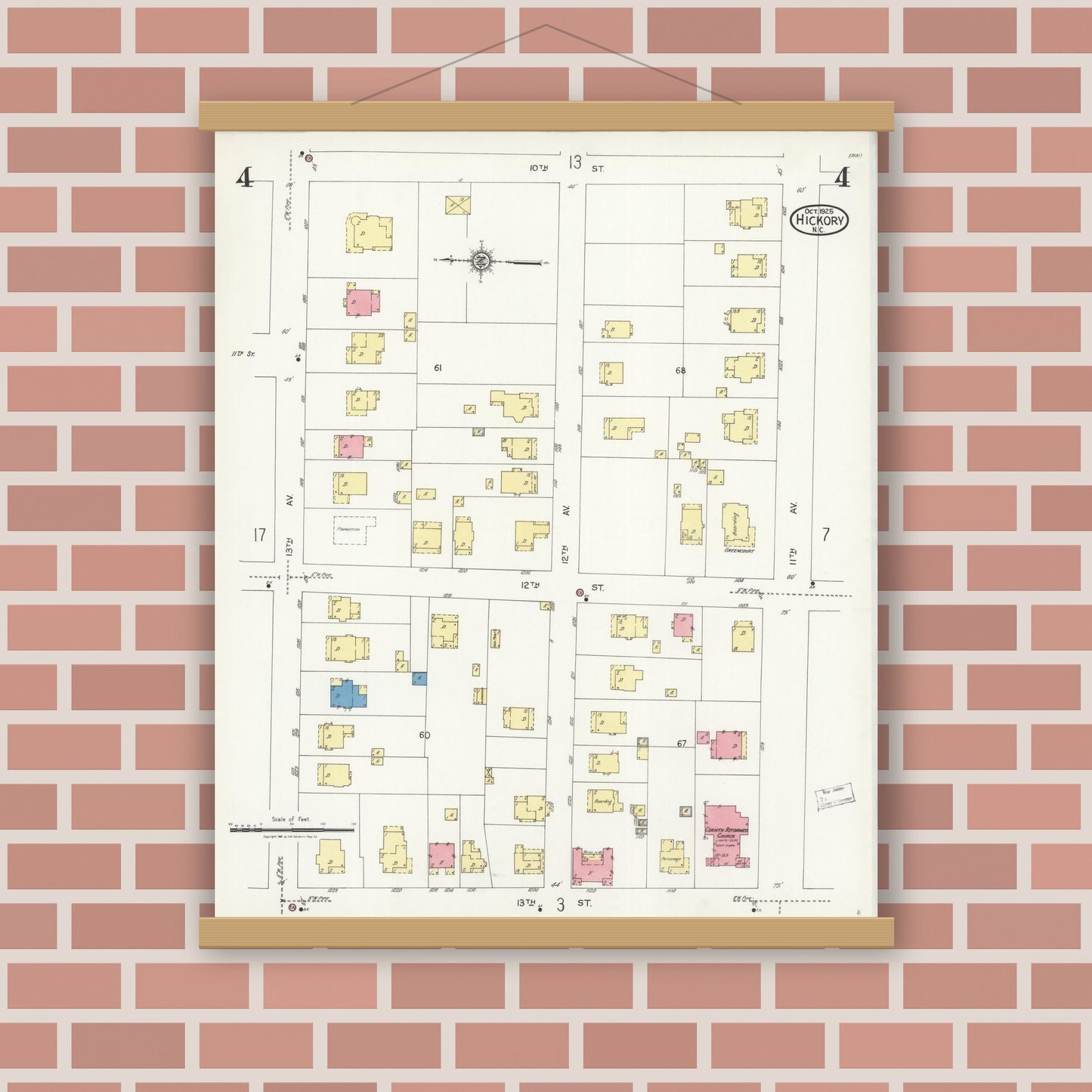 Old map wall art mockup — magnetic wood frame on brick wall — Sanborn Fire Insurance Map from Hickory, Catawba County, North Carolina (1925), Sheet #0004