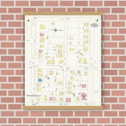 Old map wall art mockup — magnetic wood frame on brick wall — Sanborn Fire Insurance Map from Hickory, Catawba County, North Carolina (1925), Sheet #0004
