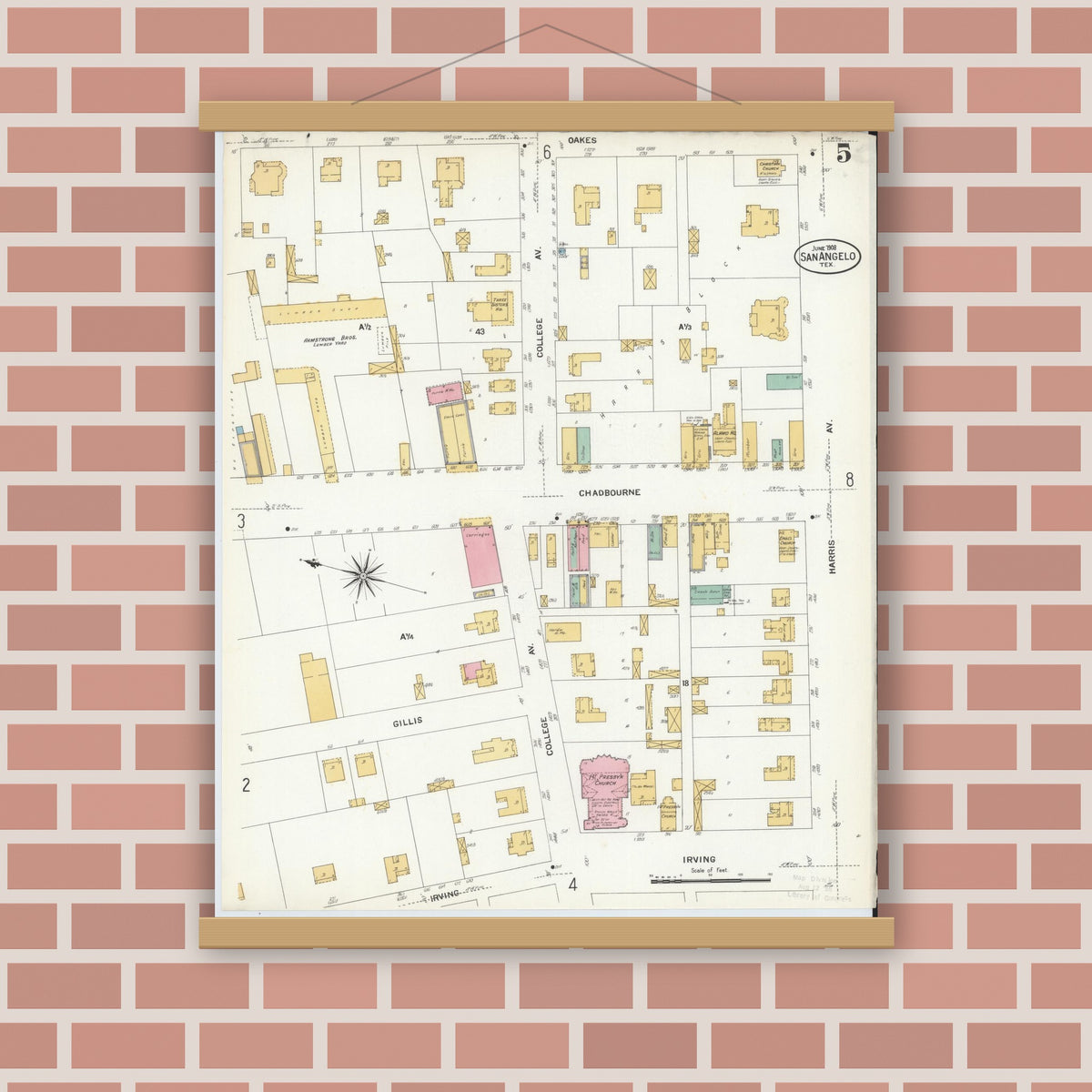 Old map wall art mockup — magnetic wood frame on brick wall — Sanborn Fire Insurance Map from San Angelo, Tom Green County, Texas (1908), Sheet #0005
