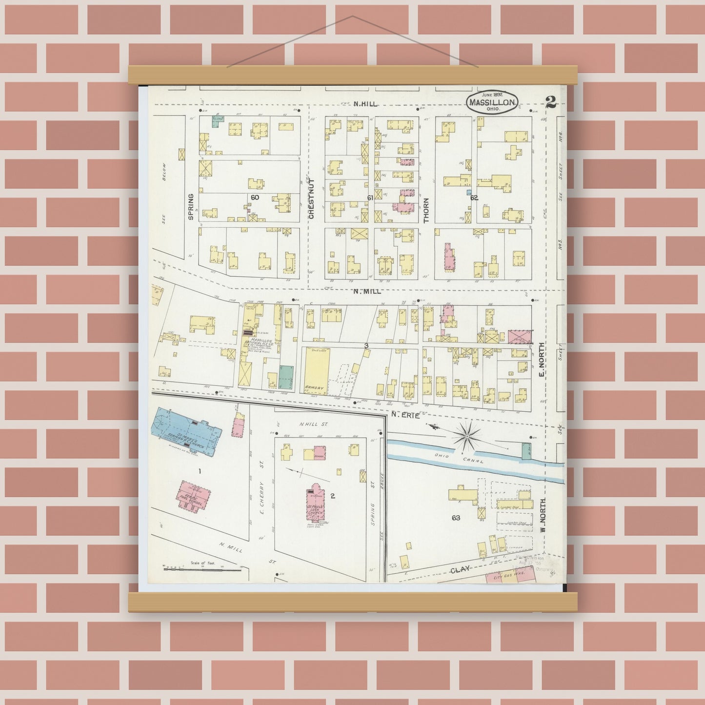 Old map wall art mockup — magnetic wood frame on brick wall — Sanborn Fire Insurance Map from Massillon, Stark County, Ohio (1892), Sheet #0002