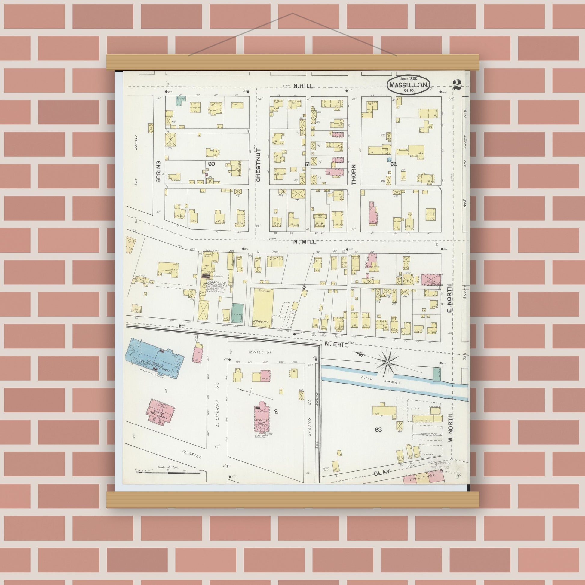 Old map wall art mockup — magnetic wood frame on brick wall — Sanborn Fire Insurance Map from Massillon, Stark County, Ohio (1892), Sheet #0002