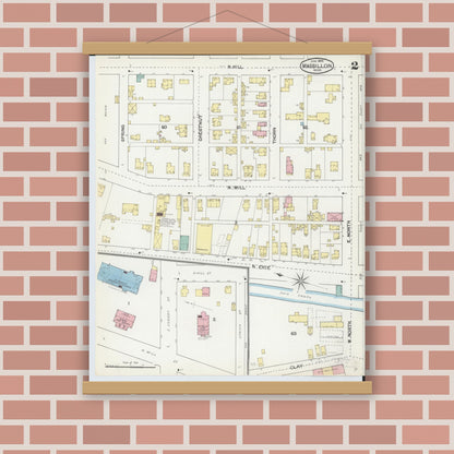 Old map wall art mockup — magnetic wood frame on brick wall — Sanborn Fire Insurance Map from Massillon, Stark County, Ohio (1892), Sheet #0002