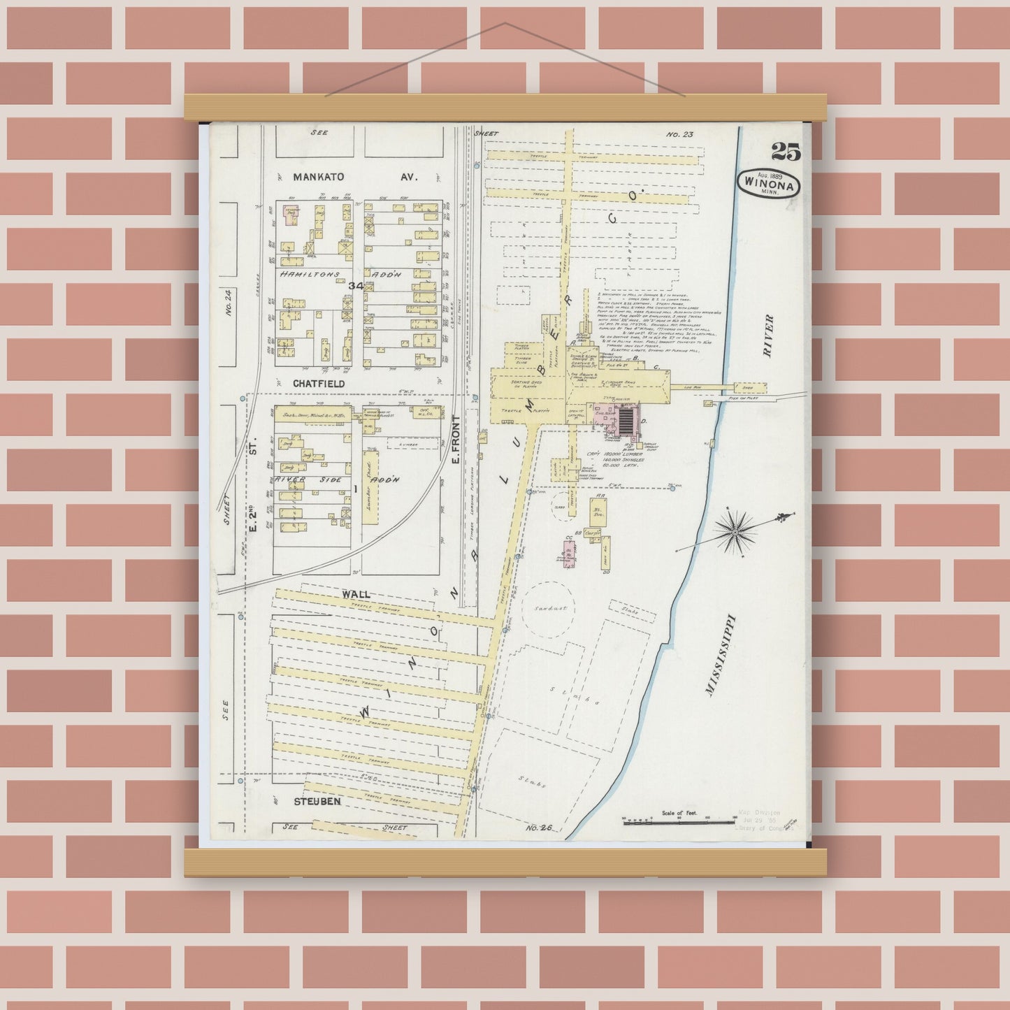 Old map wall art mockup — magnetic wood frame on brick wall — Sanborn Fire Insurance Map from Winona, Winona County, Minnesota (1889), Sheet #0025