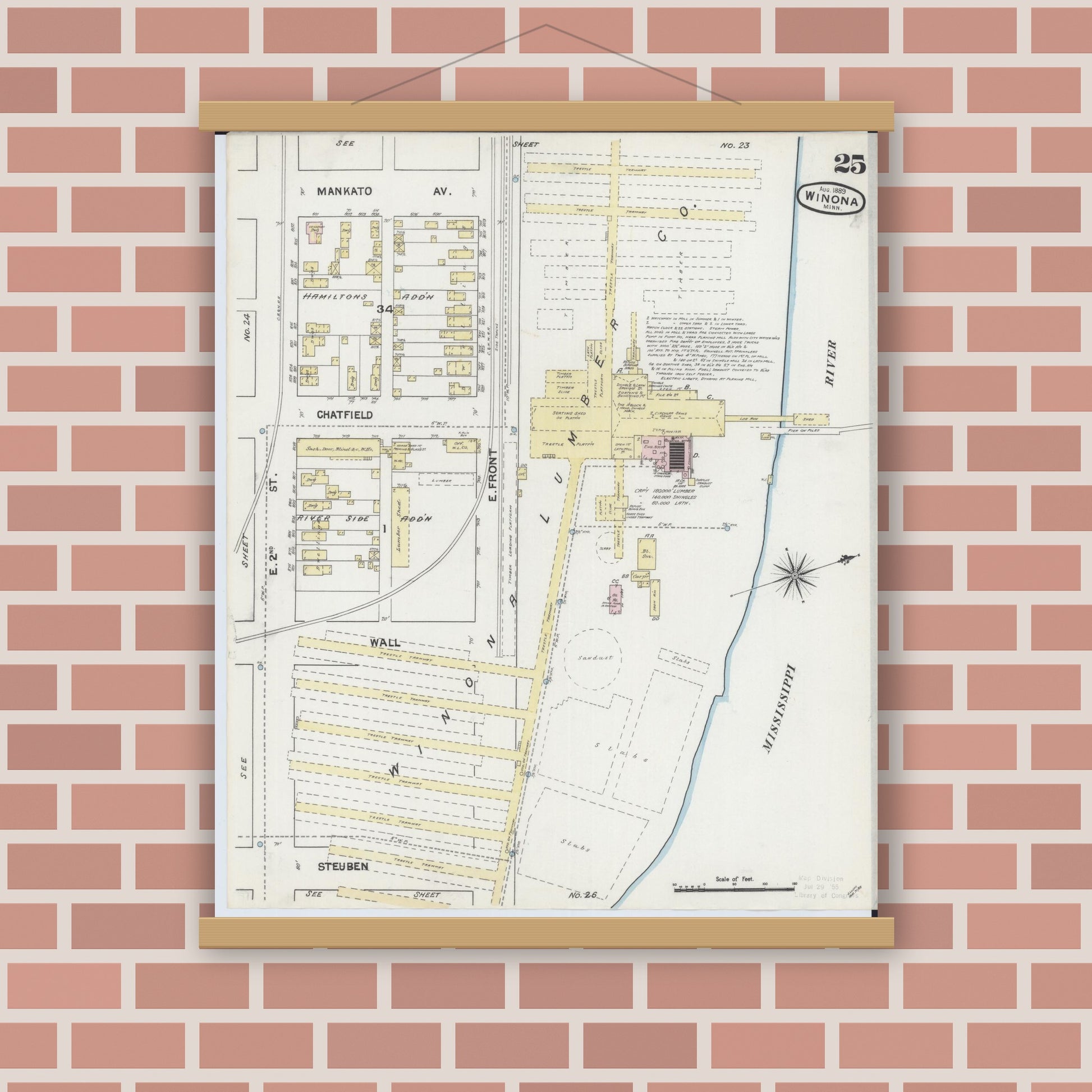 Old map wall art mockup — magnetic wood frame on brick wall — Sanborn Fire Insurance Map from Winona, Winona County, Minnesota (1889), Sheet #0025