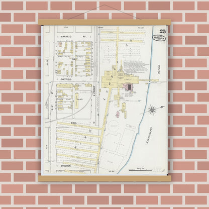 Old map wall art mockup — magnetic wood frame on brick wall — Sanborn Fire Insurance Map from Winona, Winona County, Minnesota (1889), Sheet #0025
