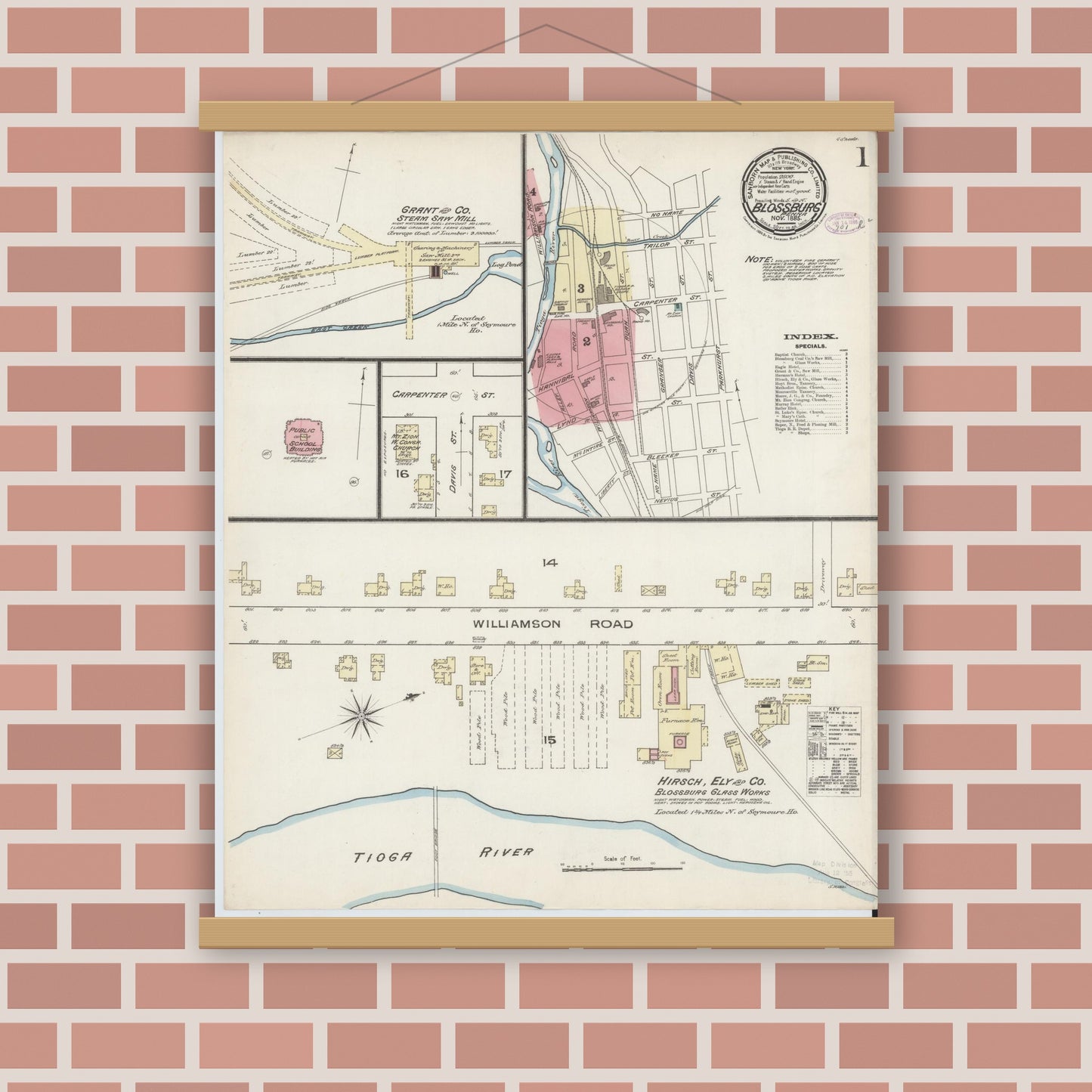 Old map wall art mockup — magnetic wood frame on brick wall — Sanborn Fire Insurance Map from Blossburg, Tioga County, Pennsylvania (1885) - Complete Map Set