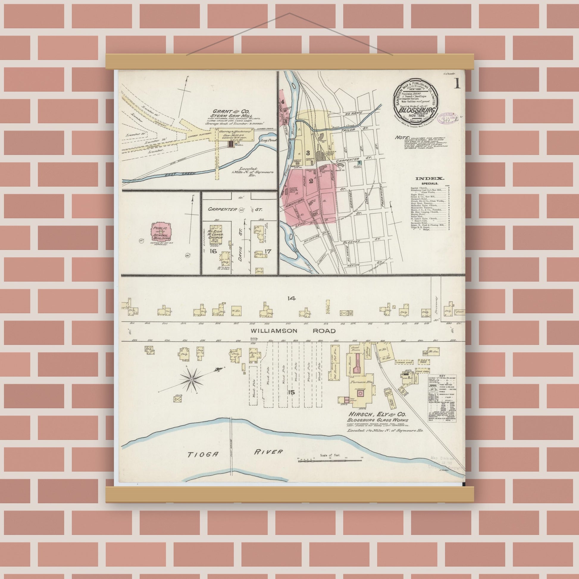 Old map wall art mockup — magnetic wood frame on brick wall — Sanborn Fire Insurance Map from Blossburg, Tioga County, Pennsylvania (1885) - Complete Map Set