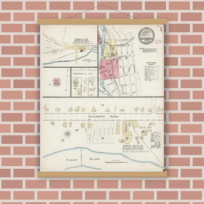 Old map wall art mockup — magnetic wood frame on brick wall — Sanborn Fire Insurance Map from Blossburg, Tioga County, Pennsylvania (1885) - Complete Map Set