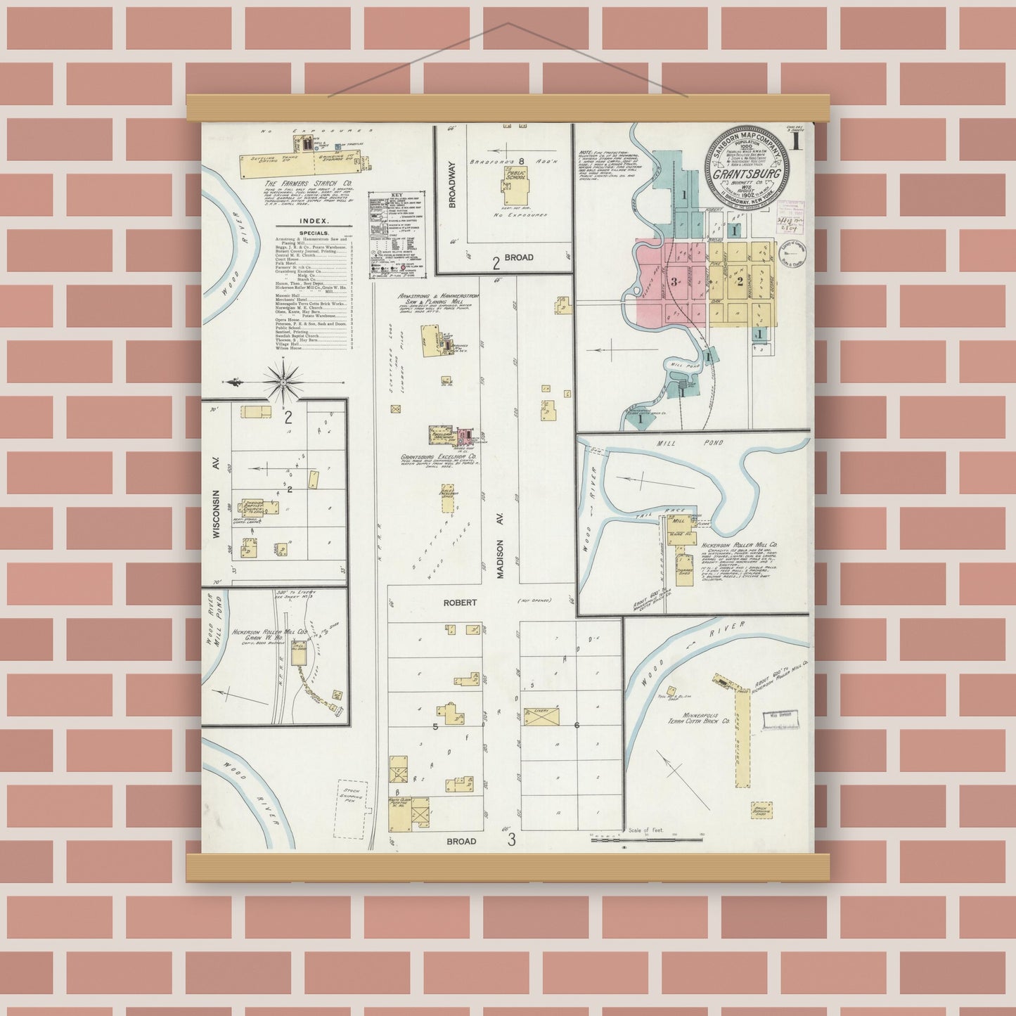 Old map wall art mockup — magnetic wood frame on brick wall — Sanborn Fire Insurance Map from Grantsburg, Burnett County, Wisconsin (1902) - Complete Map Set