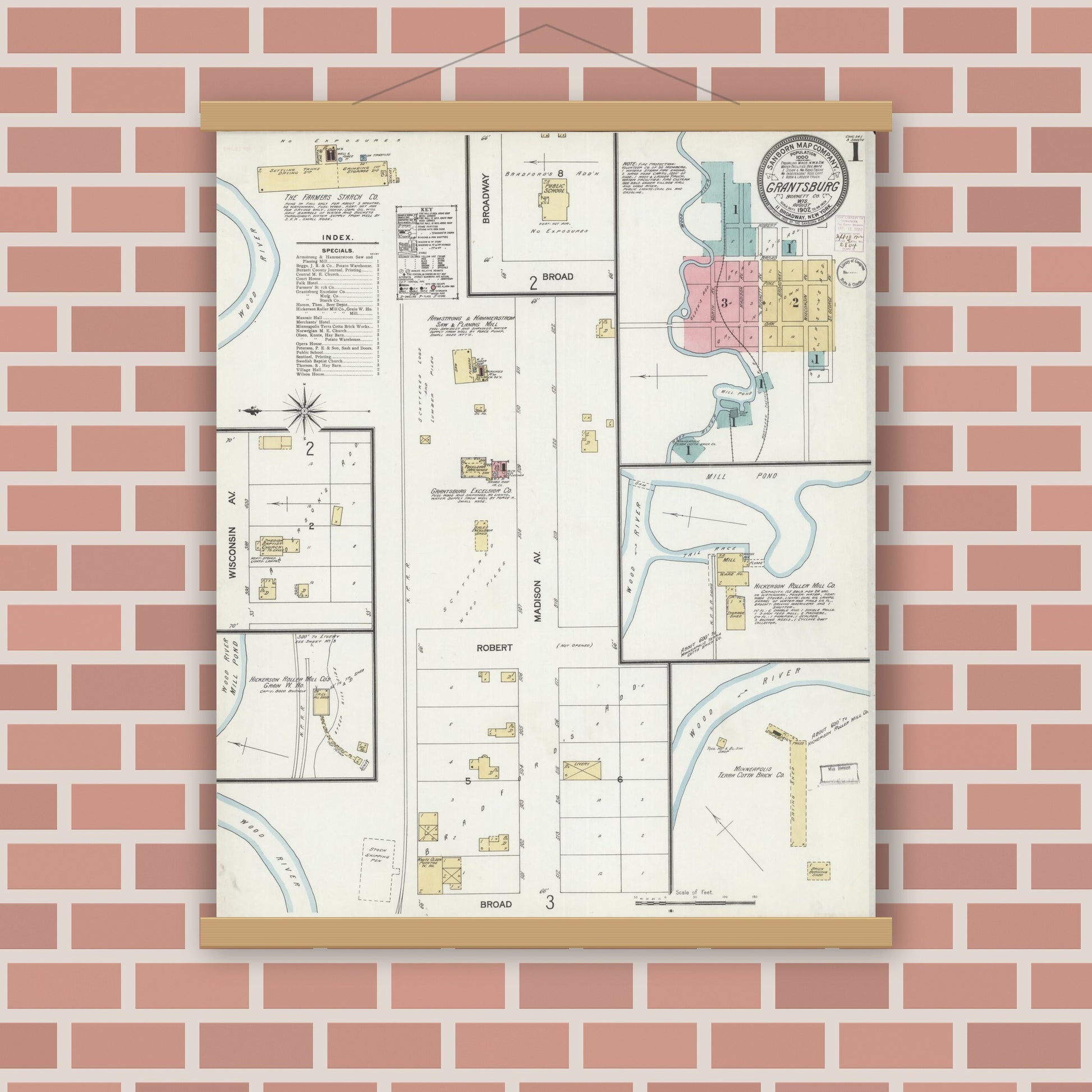 Old map wall art mockup — magnetic wood frame on brick wall — Sanborn Fire Insurance Map from Grantsburg, Burnett County, Wisconsin (1902) - Complete Map Set