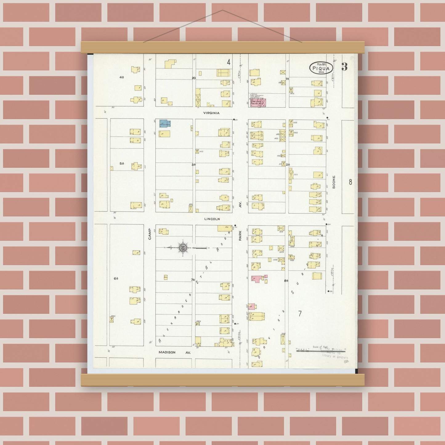 Old map wall art mockup — magnetic wood frame on brick wall — Sanborn Fire Insurance Map from Piqua, Miami County, Ohio (1911), Sheet #0003