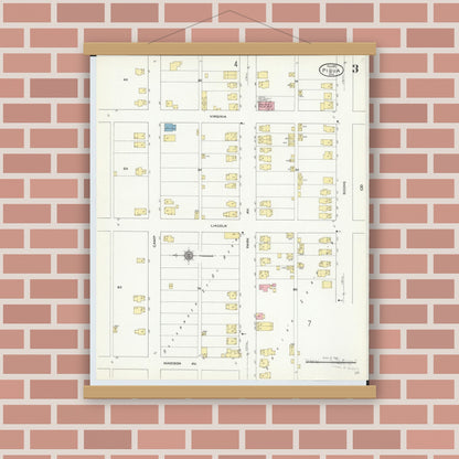 Old map wall art mockup — magnetic wood frame on brick wall — Sanborn Fire Insurance Map from Piqua, Miami County, Ohio (1911), Sheet #0003