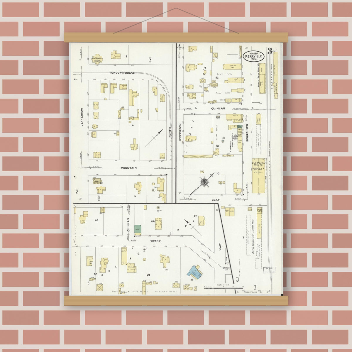 Old map wall art mockup — magnetic wood frame on brick wall — Sanborn Fire Insurance Map from Kerrville, Kerr County, Texas (1910), Sheet #0003