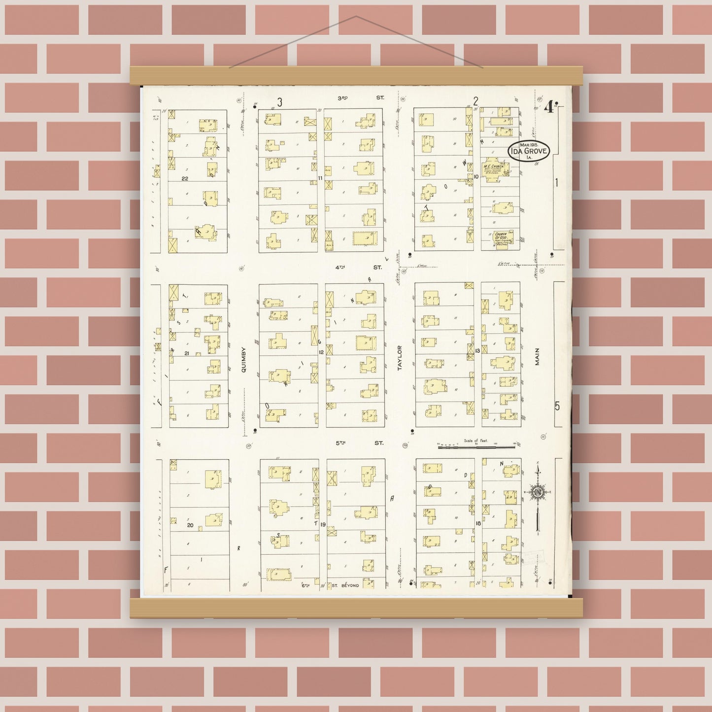 Old map wall art mockup — magnetic wood frame on brick wall — Sanborn Fire Insurance Map from Ida Grove, Ida County, Iowa (1915), Sheet #0004