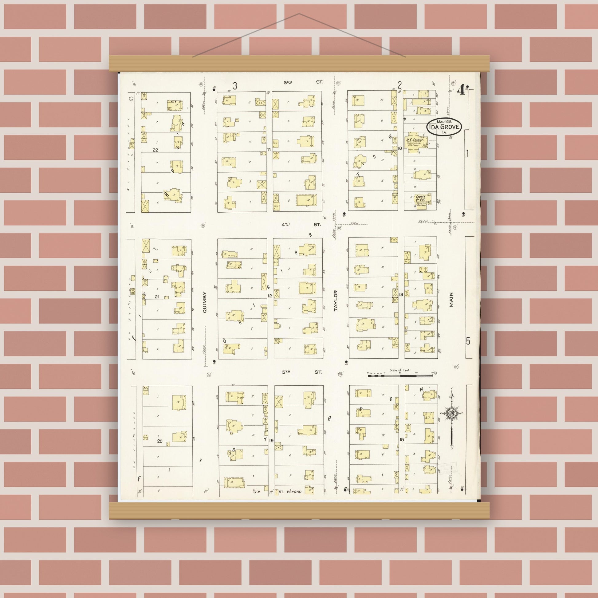 Old map wall art mockup — magnetic wood frame on brick wall — Sanborn Fire Insurance Map from Ida Grove, Ida County, Iowa (1915), Sheet #0004