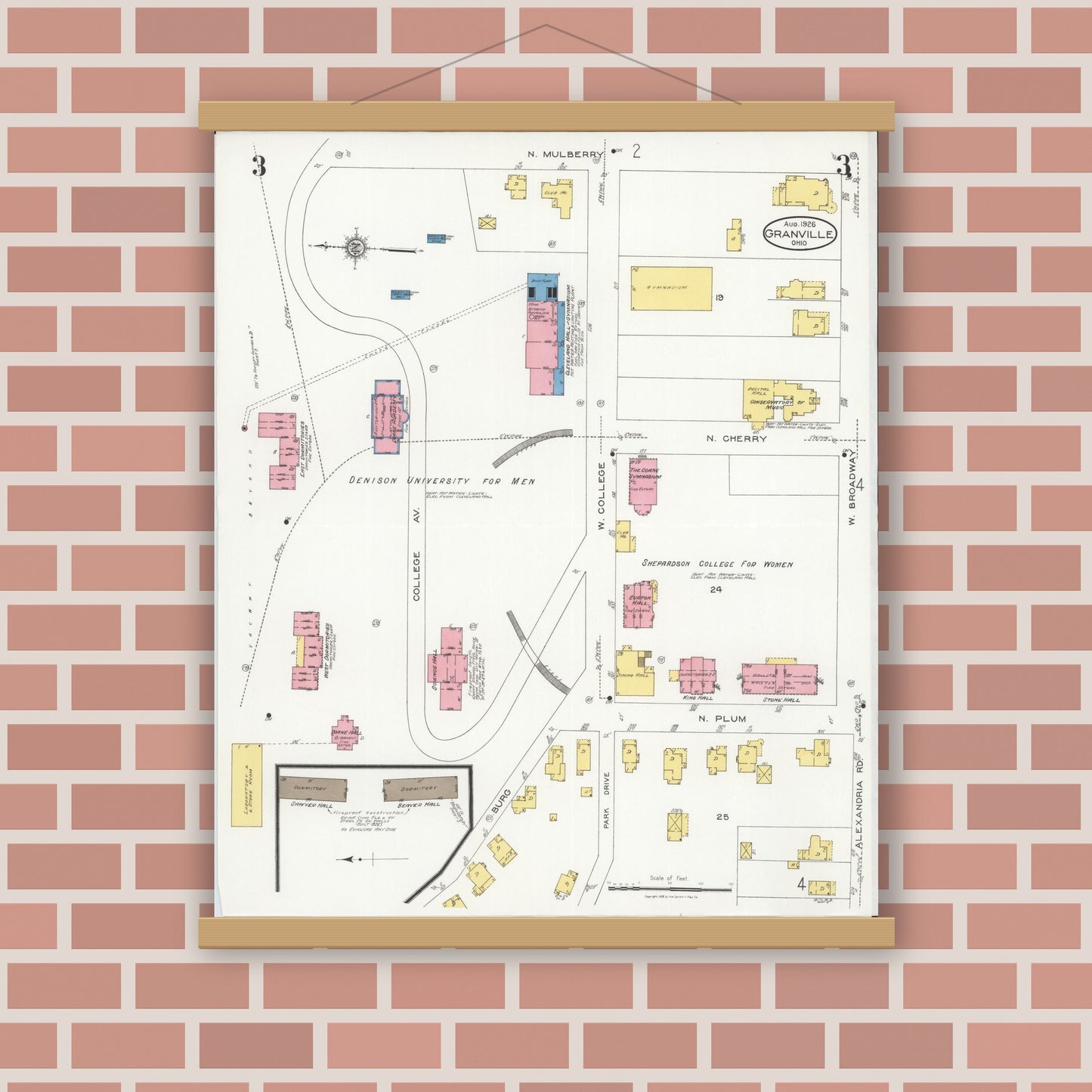 Old map wall art mockup — magnetic wood frame on brick wall — Sanborn Fire Insurance Map from Granville, Licking County, Ohio (1926), Sheet #0003