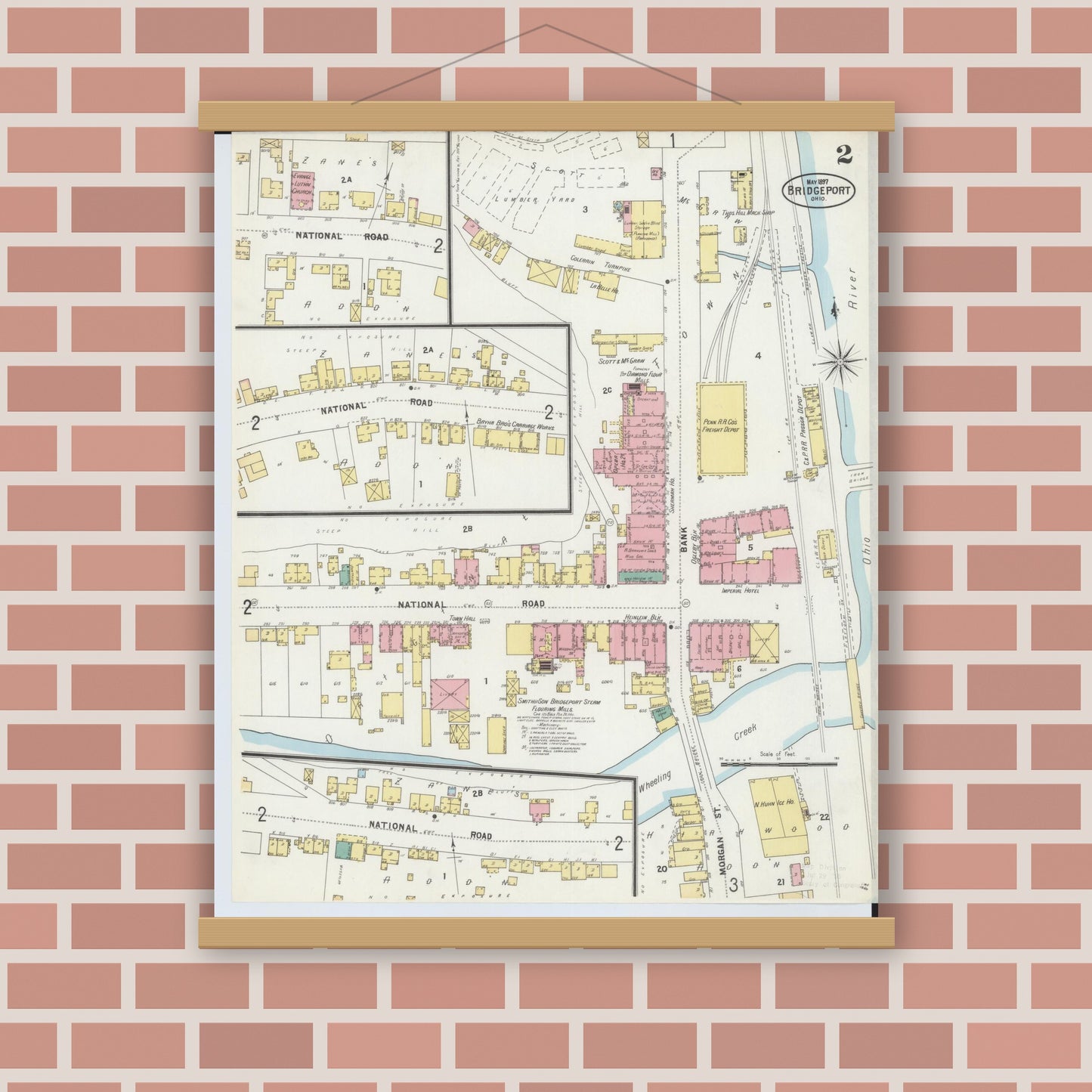 Old map wall art mockup — magnetic wood frame on brick wall — Sanborn Fire Insurance Map from Bridgeport, Belmont County, Ohio (1897), Sheet #0002