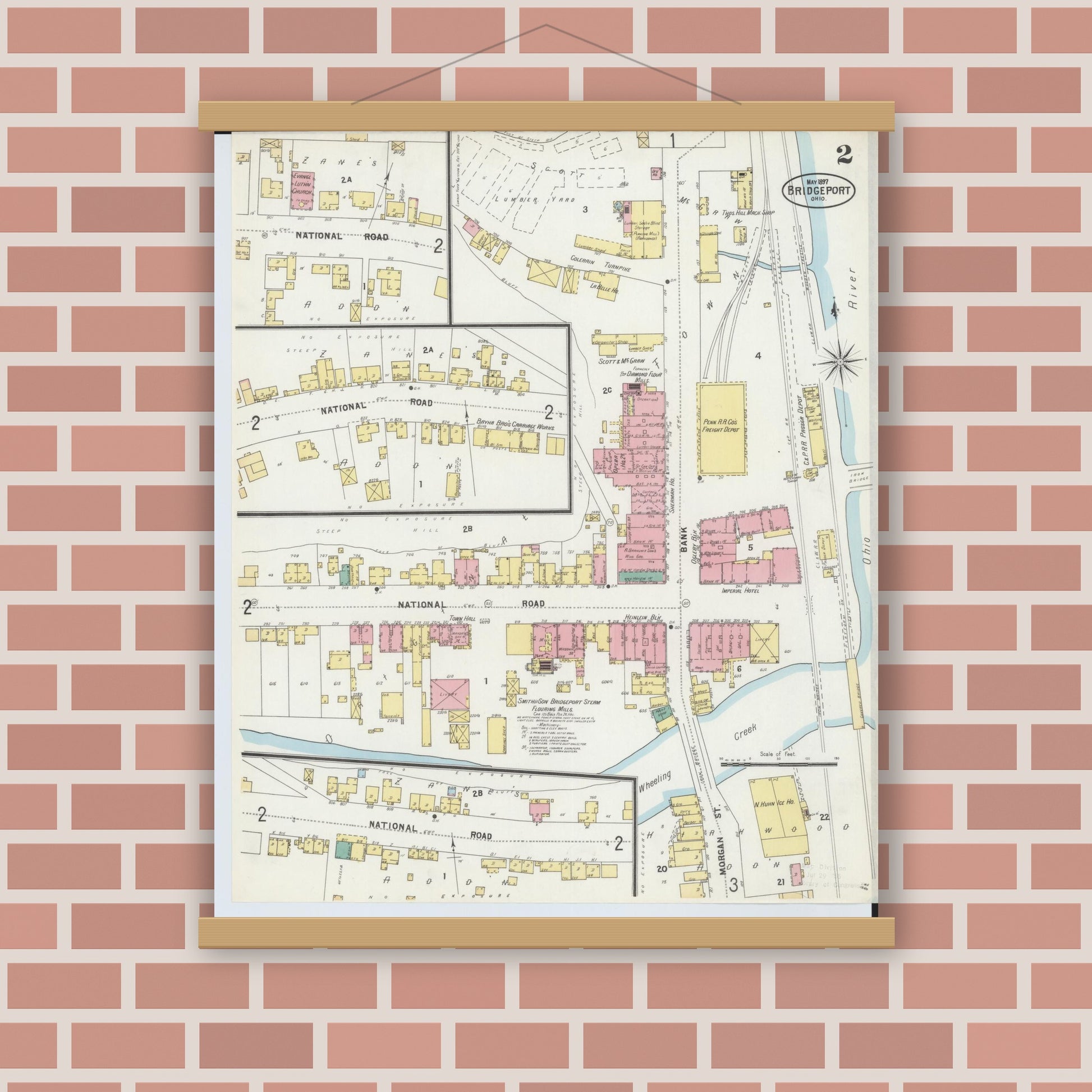 Old map wall art mockup — magnetic wood frame on brick wall — Sanborn Fire Insurance Map from Bridgeport, Belmont County, Ohio (1897), Sheet #0002