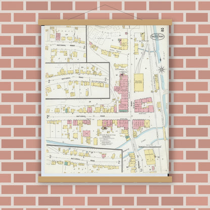 Old map wall art mockup — magnetic wood frame on brick wall — Sanborn Fire Insurance Map from Bridgeport, Belmont County, Ohio (1897), Sheet #0002