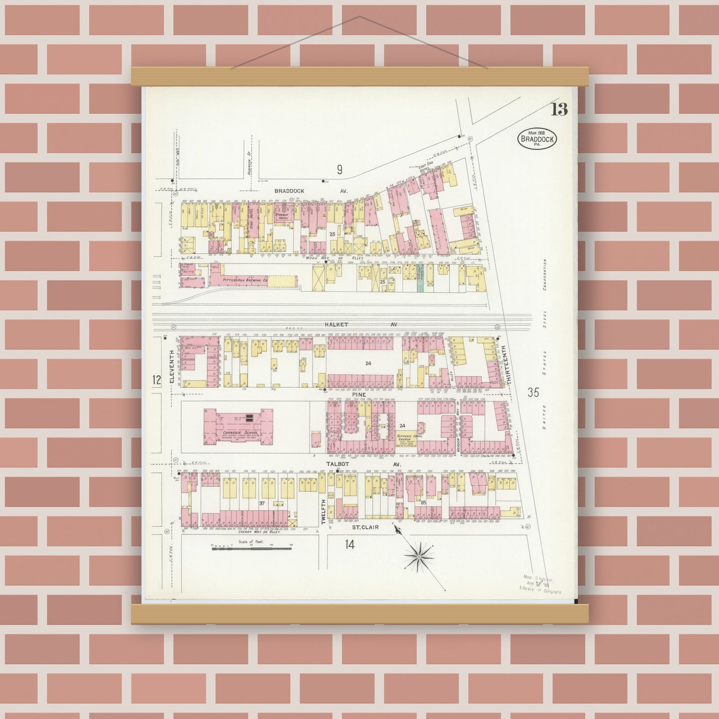 Old map wall art mockup — magnetic wood frame on brick wall — Sanborn Fire Insurance Map from Braddock, Allegheny County, Pennsylvania (1908), Sheet #0013