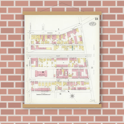 Old map wall art mockup — magnetic wood frame on brick wall — Sanborn Fire Insurance Map from Braddock, Allegheny County, Pennsylvania (1908), Sheet #0013