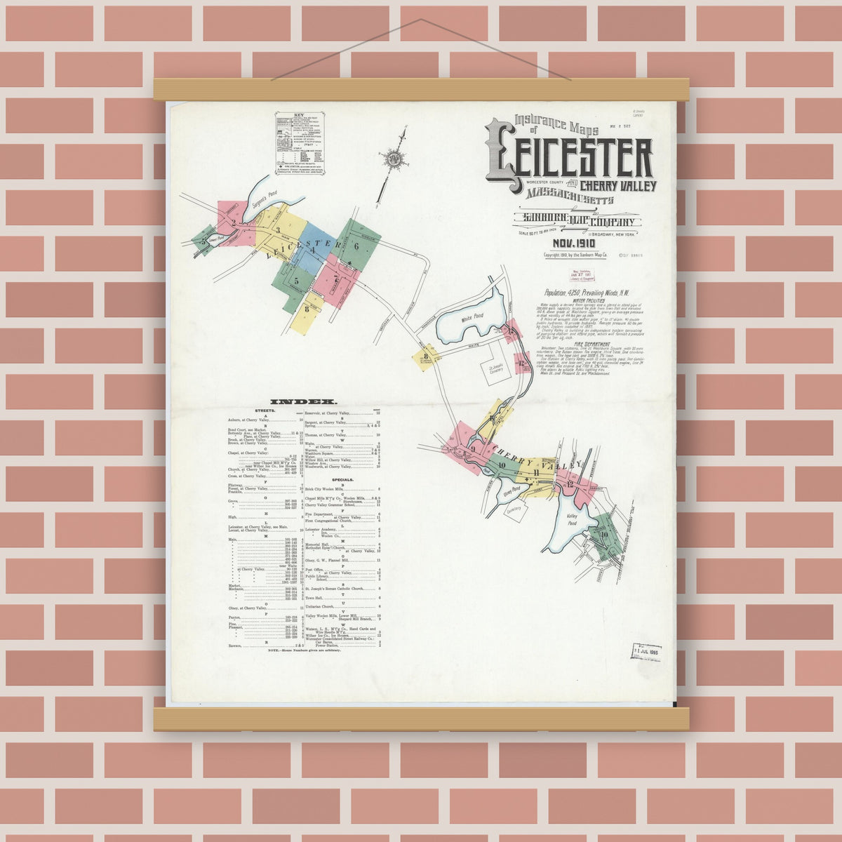 Old map wall art mockup — magnetic wood frame on brick wall — Sanborn Fire Insurance Map from Leicester, Worcester County, Massachusetts (1910) - Complete Map Set