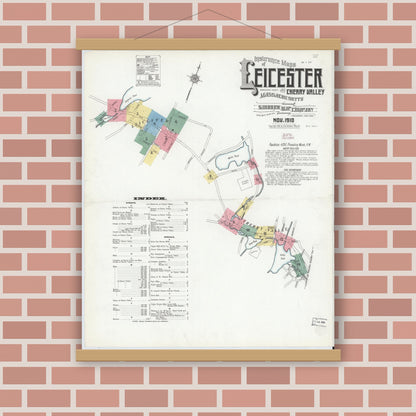 Old map wall art mockup — magnetic wood frame on brick wall — Sanborn Fire Insurance Map from Leicester, Worcester County, Massachusetts (1910) - Complete Map Set