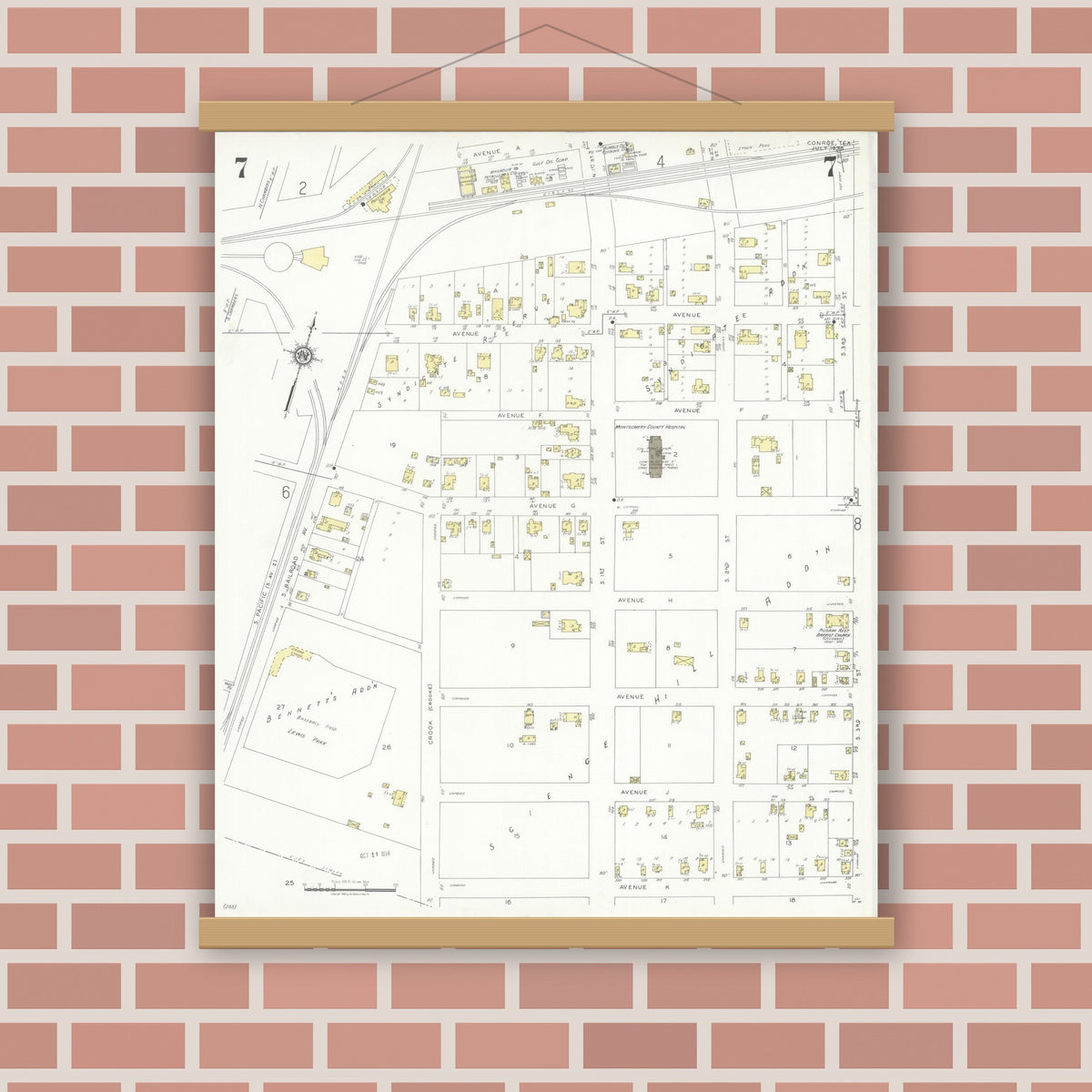 Old map wall art mockup — magnetic wood frame on brick wall — Sanborn Fire Insurance Map from Conroe, Montgomery County, Texas (1938), Sheet #0007