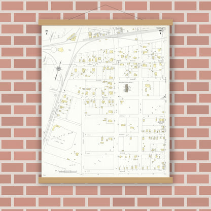 Old map wall art mockup — magnetic wood frame on brick wall — Sanborn Fire Insurance Map from Conroe, Montgomery County, Texas (1938), Sheet #0007