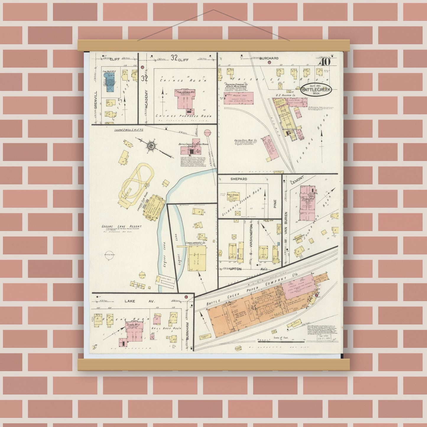 Old map wall art mockup — magnetic wood frame on brick wall — Sanborn Fire Insurance Map from Battle Creek, Calhoun County, Michigan (1913), Sheet #0040