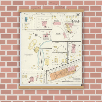 Old map wall art mockup — magnetic wood frame on brick wall — Sanborn Fire Insurance Map from Battle Creek, Calhoun County, Michigan (1913), Sheet #0040