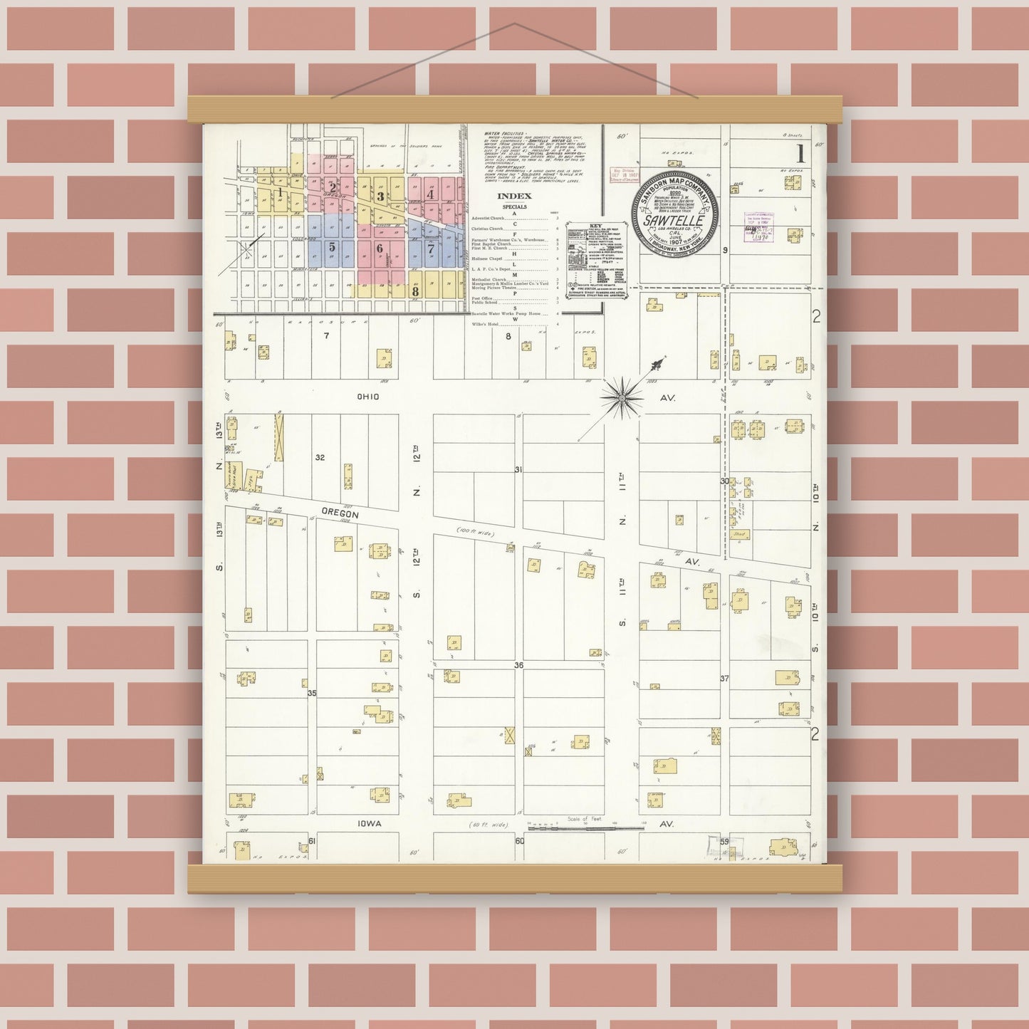 Old map wall art mockup — magnetic wood frame on brick wall — Sanborn Fire Insurance Map from Sawtelle, Los Angeles County, California (1907) - Complete Map Set