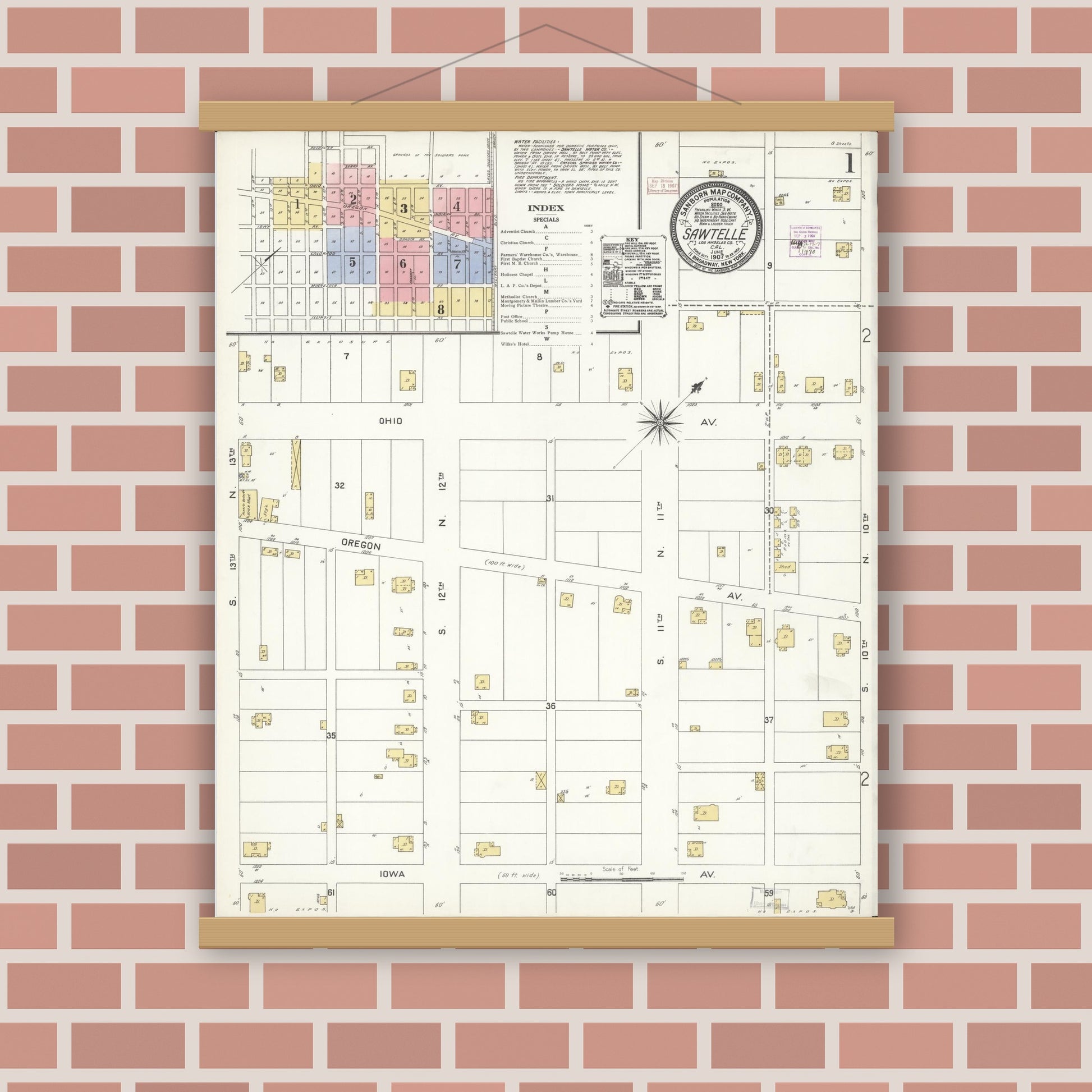Old map wall art mockup — magnetic wood frame on brick wall — Sanborn Fire Insurance Map from Sawtelle, Los Angeles County, California (1907) - Complete Map Set