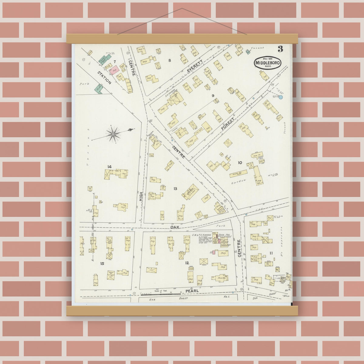 Old map wall art mockup — magnetic wood frame on brick wall — Sanborn Fire Insurance Map from Middleboro, Plymouth County, Massachusetts (1891), Sheet #0003