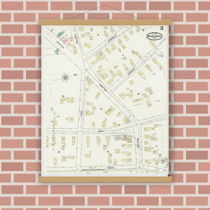 Old map wall art mockup — magnetic wood frame on brick wall — Sanborn Fire Insurance Map from Middleboro, Plymouth County, Massachusetts (1891), Sheet #0003