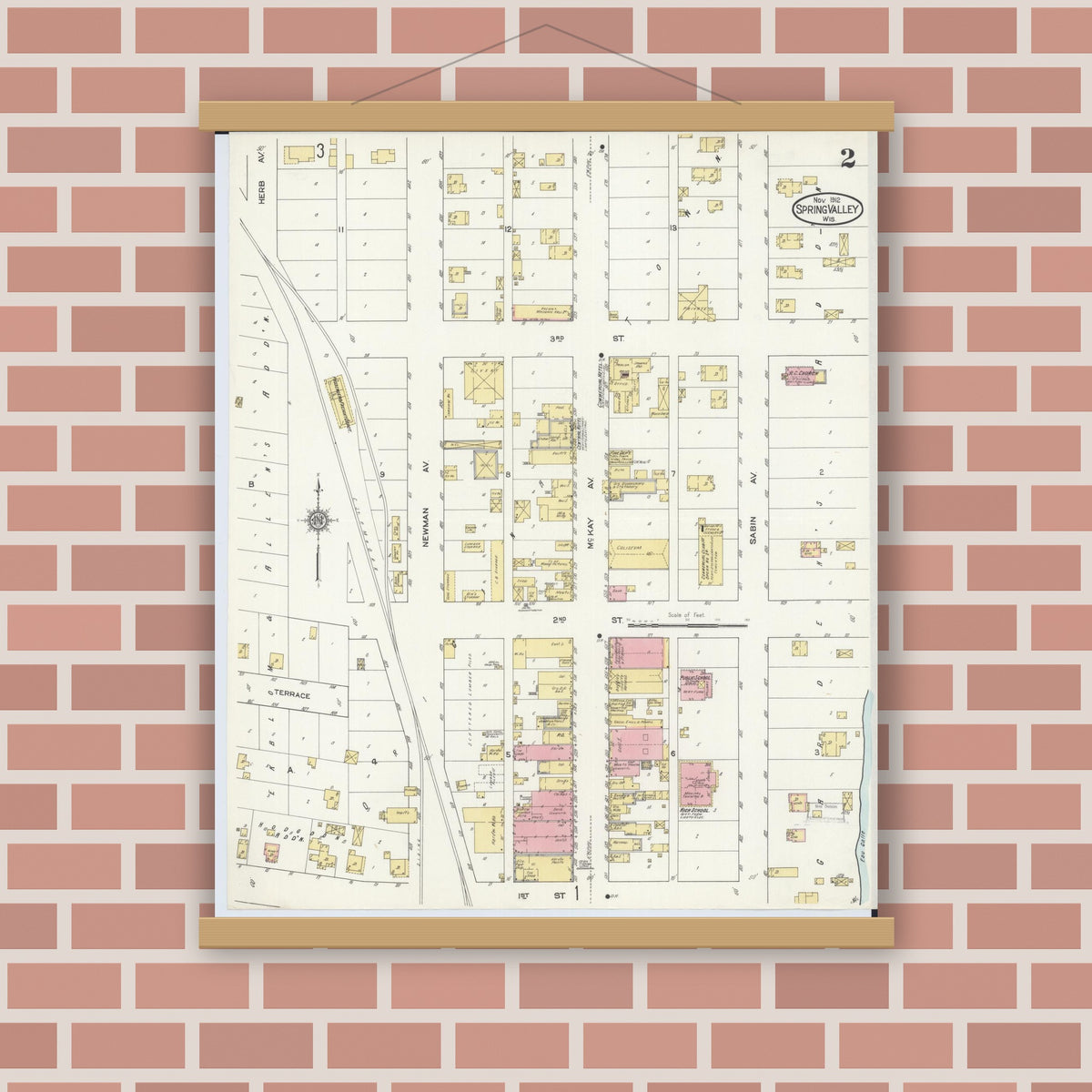 Old map wall art mockup — magnetic wood frame on brick wall — Sanborn Fire Insurance Map from Spring Valley, Pierce County, Wisconsin (1912), Sheet #0002