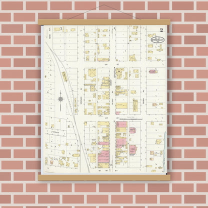 Old map wall art mockup — magnetic wood frame on brick wall — Sanborn Fire Insurance Map from Spring Valley, Pierce County, Wisconsin (1912), Sheet #0002