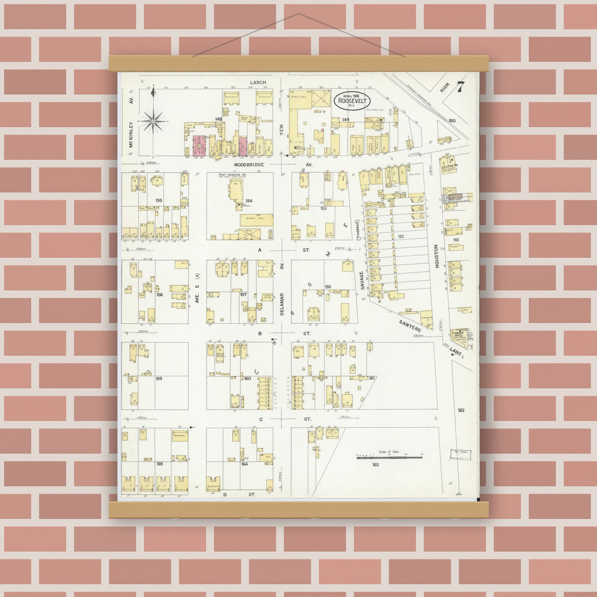 Old map wall art mockup — magnetic wood frame on brick wall — Sanborn Fire Insurance Map from Roosevelt, Middlesex County, New Jersey (1908), Sheet #0007