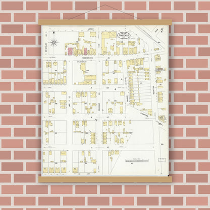 Old map wall art mockup — magnetic wood frame on brick wall — Sanborn Fire Insurance Map from Roosevelt, Middlesex County, New Jersey (1908), Sheet #0007